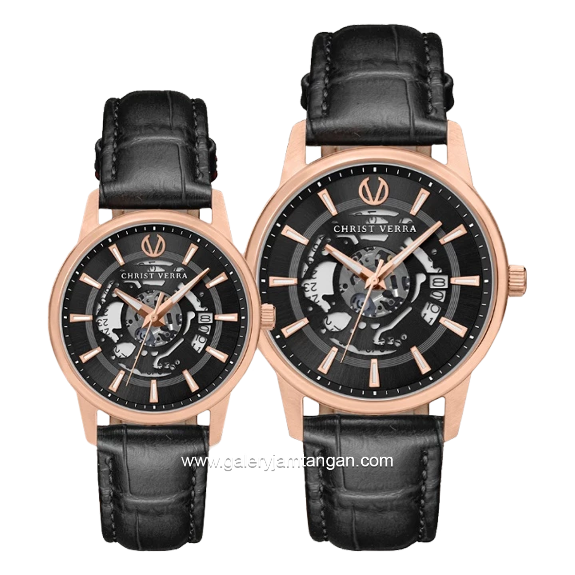 CHRIST VERRA CLASSIC MEMOIR CV 12452G-25 BLK & CV 12452L-25 BLK Couple Black Silver Leather Strap