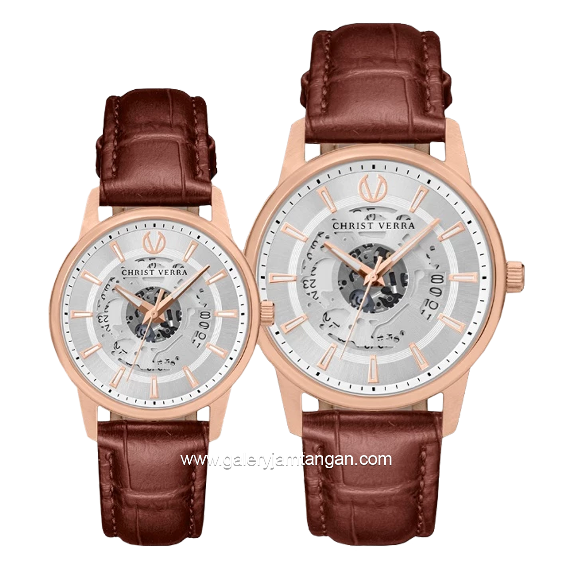 CHRIST VERRA CLASSIC MEMOIR CV 12452G-25 SLV & CV 12452L-25 SLV Couple Brown Rosegold Leather Strap