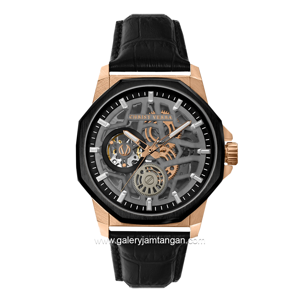 CHRIST VERRA CV 53603G-28 BLK Automatic Black Rosegold Leather Strap