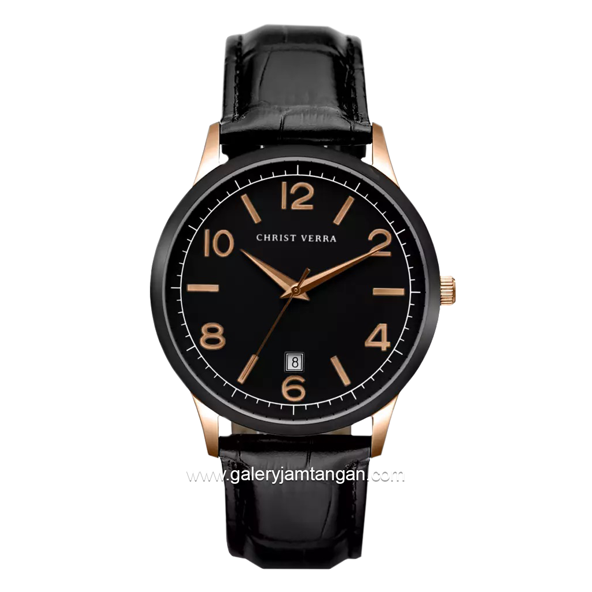 CHRIST VERRA Men's Watch CV 12071G-28 BLK Black Rosegold Leather Strap