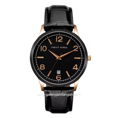 CHRIST VERRA Men's Watch CV 12071G-28 BLK Black Rosegold Leather Strap