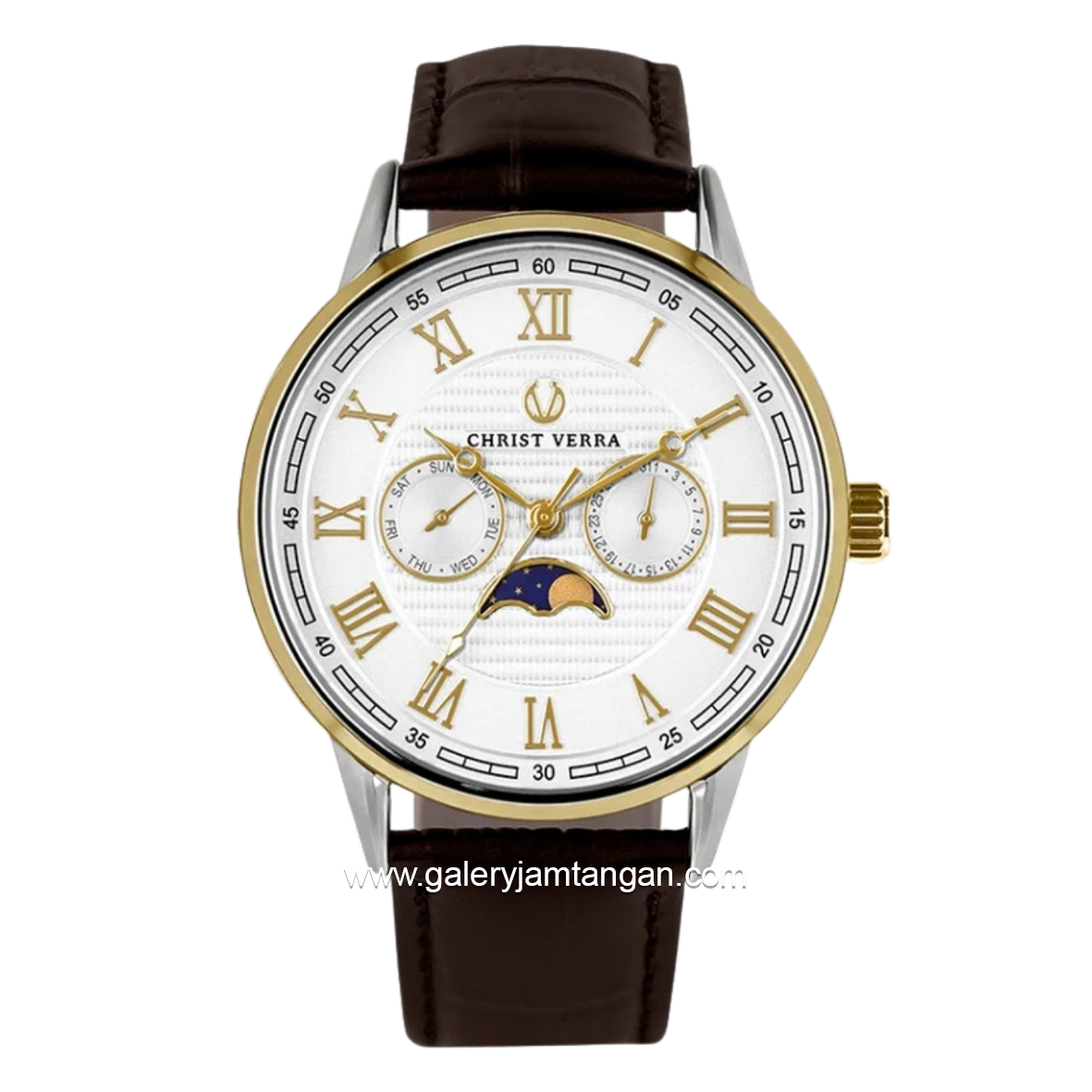 CHRIST VERRA SOLUNAE CV 51016G-23 WHT Brown Gold Dial White Leather Strap