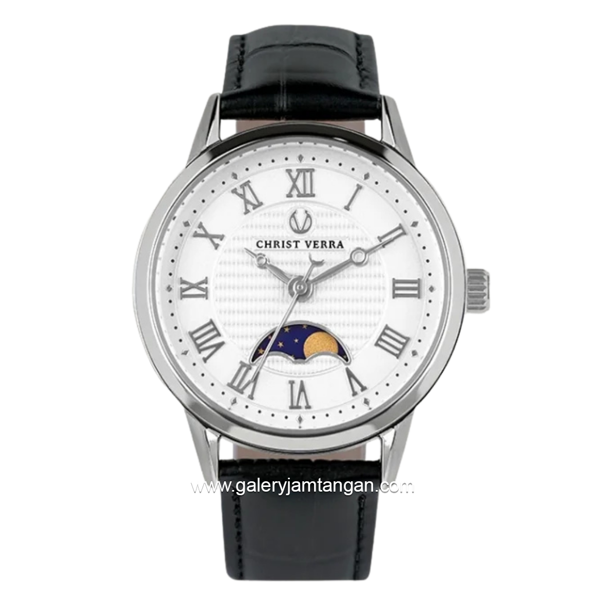 CHRIST VERRA SOLUNAE CV 51016L-21 WHT Black Silver Dial White Leather Strap