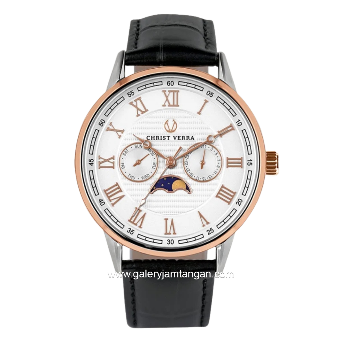 CHRIST VERRA SOLUNAE CV 51016G-24 WHT Black Rosegold Dial White Leather Strap