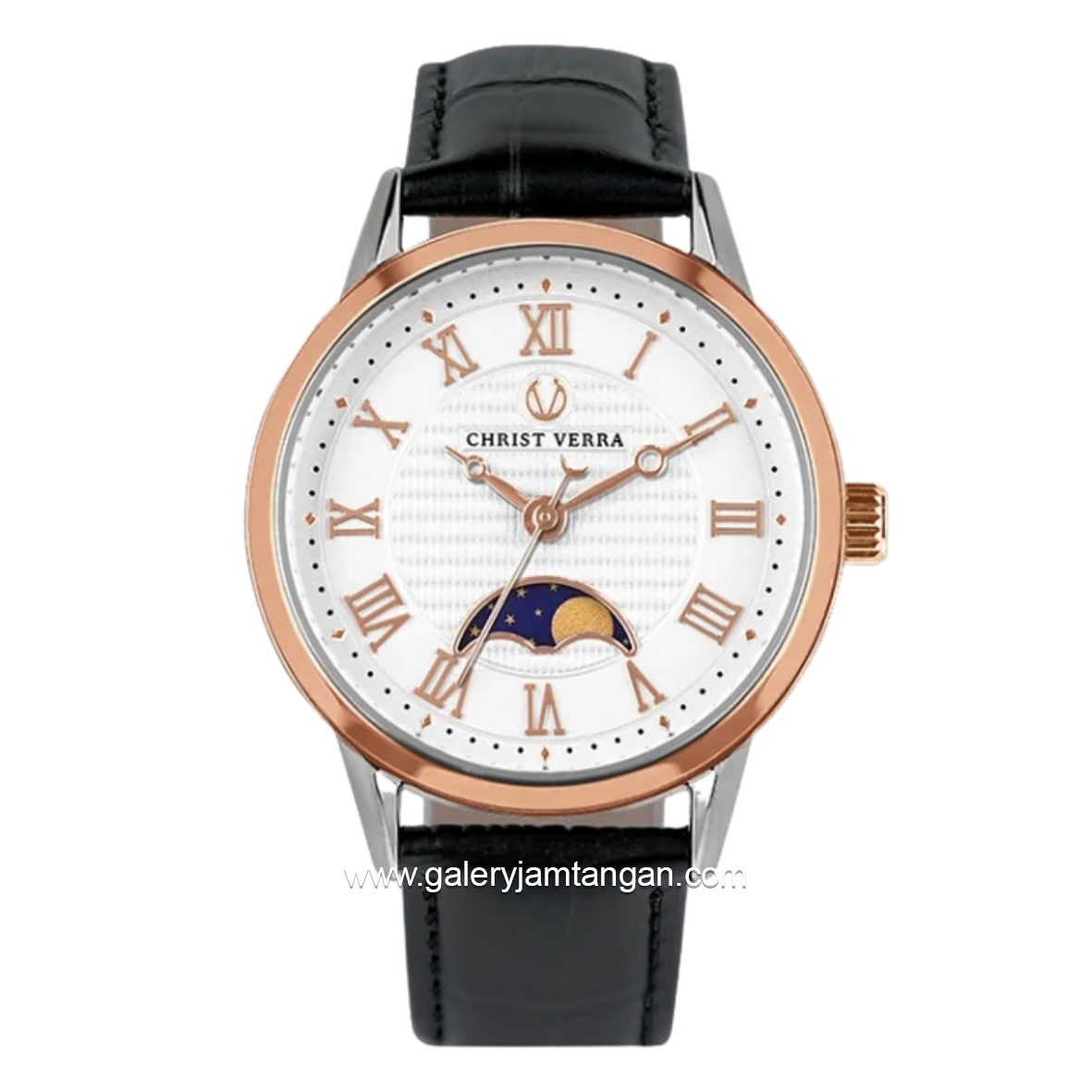 CHRIST VERRA SOLUNAE CV 51016L-24 WHT Black Rosegold Dial White Leather Strap