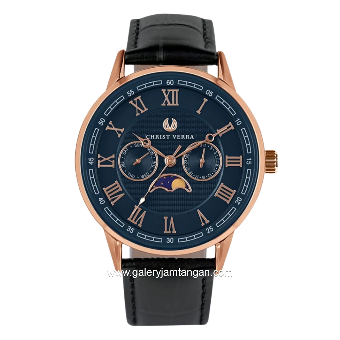 CHRIST VERRA SOLUNAE CV 51016G-25 BLU Black Rosegold Dial Blue Leather Strap