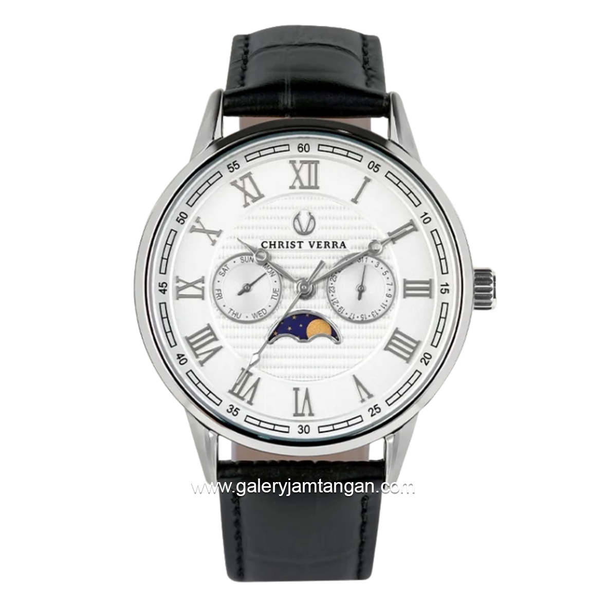 CHRIST VERRA SOLUNAE CV 51016G-21 WHT Black Silver Dial White Leather Strap