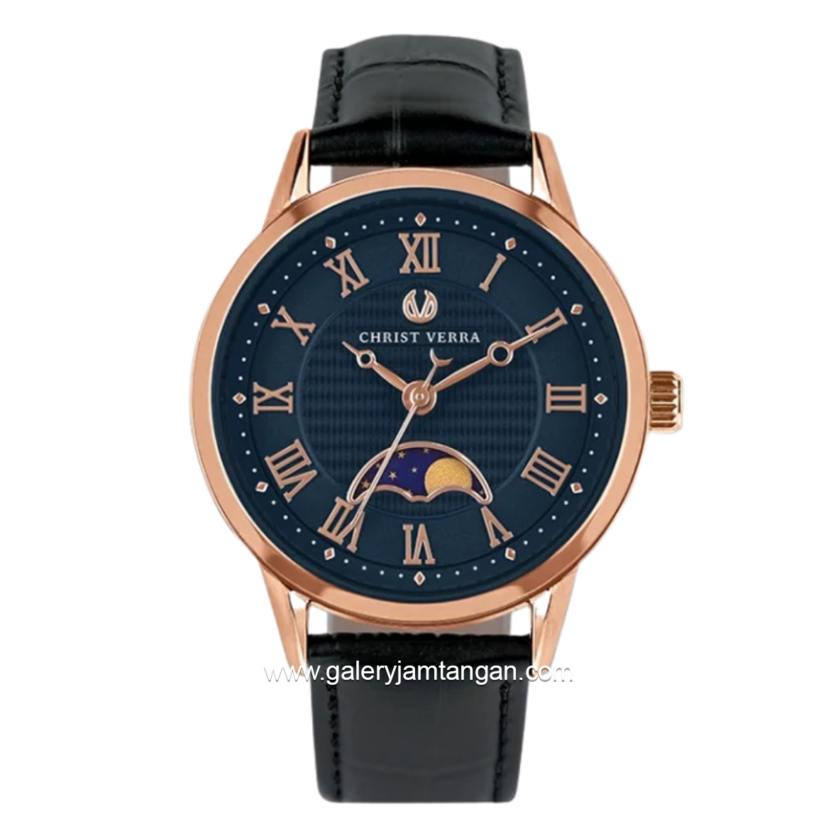 CHRIST VERRA SOLUNAE CV 51016L-25 BLU Black Rosegold Dial Blue Leather Strap