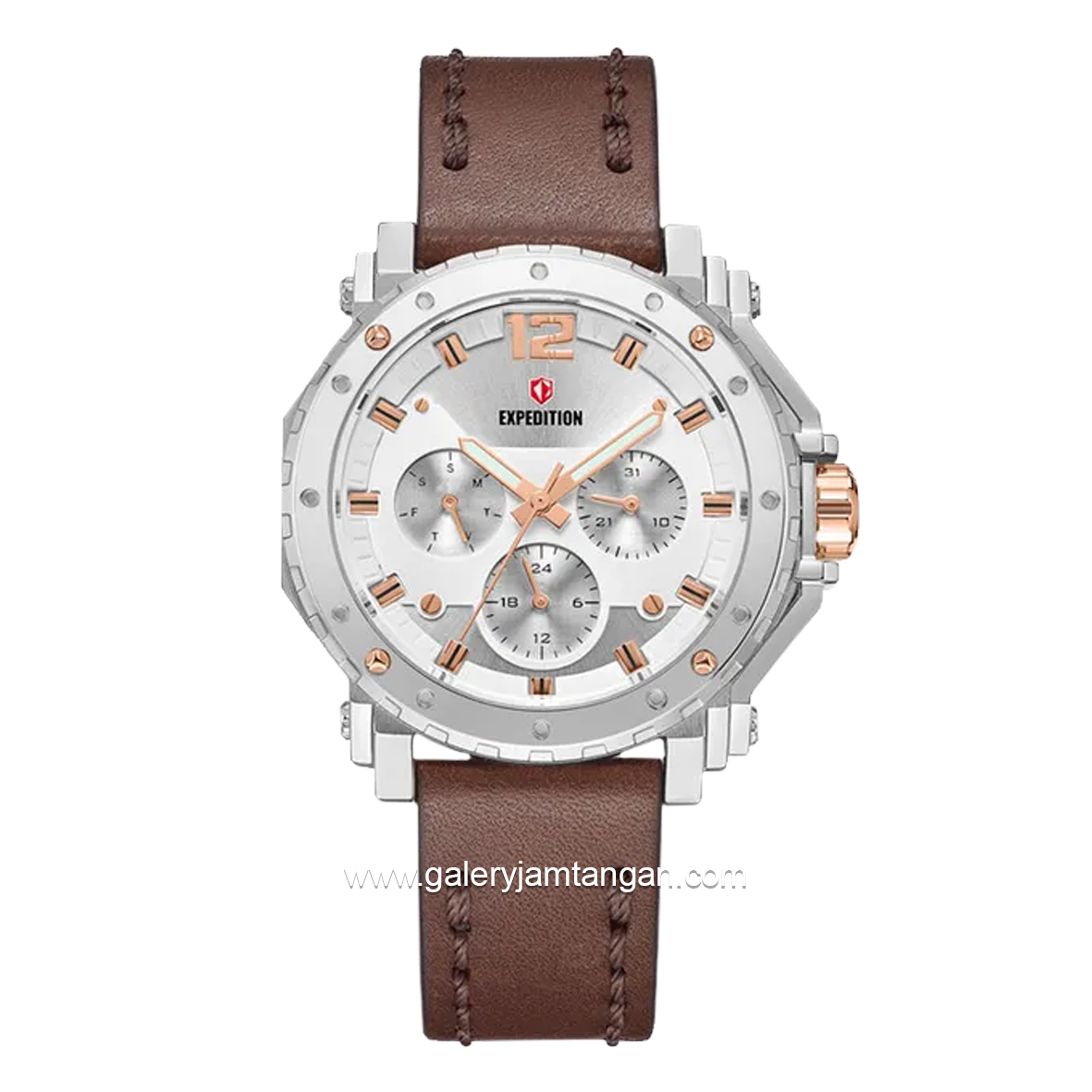 Expedition E 6402 B Chronograph Brown Dial Silver Leather Strap