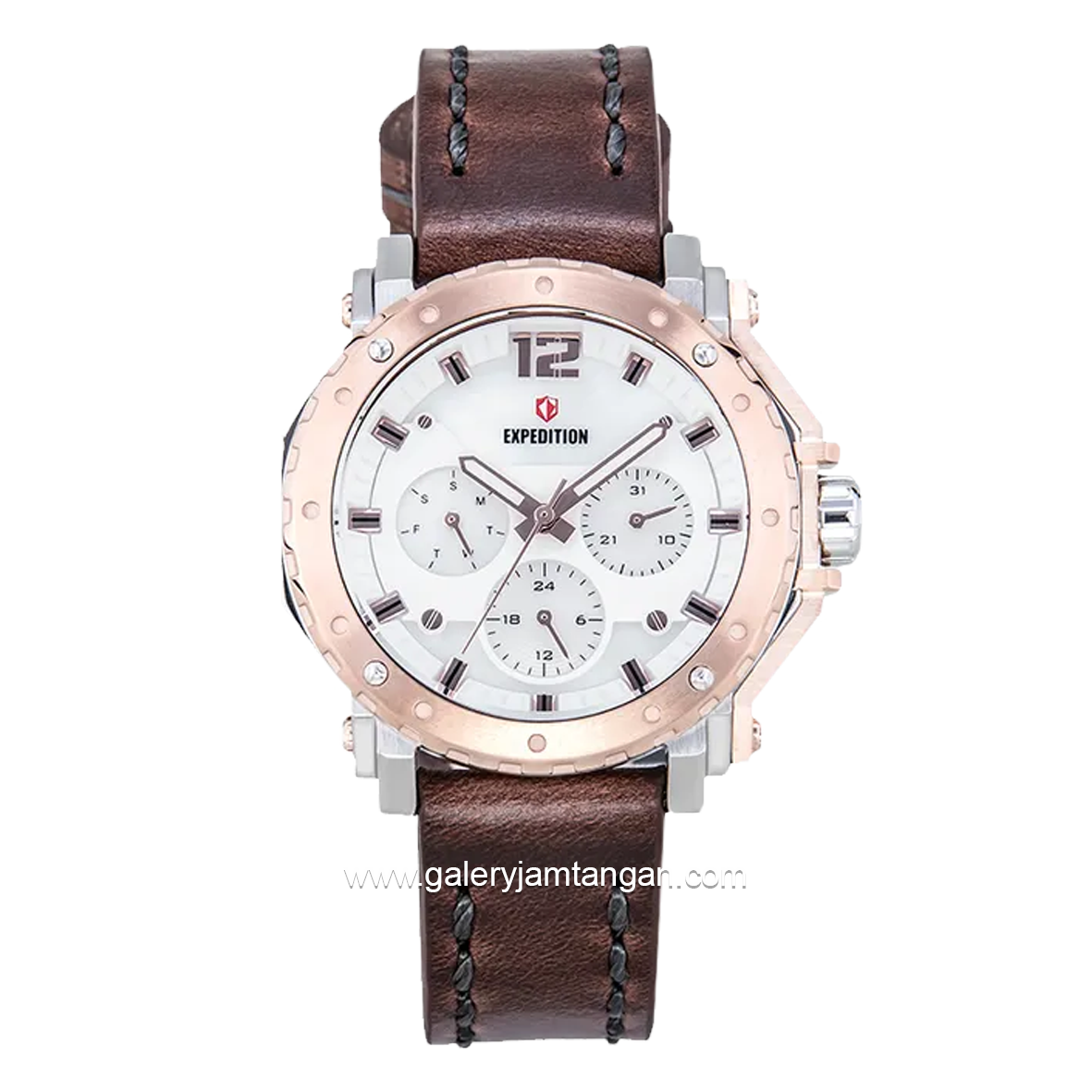 Expedition E 6402 B Chronograph Brown Dial White Leather Strap