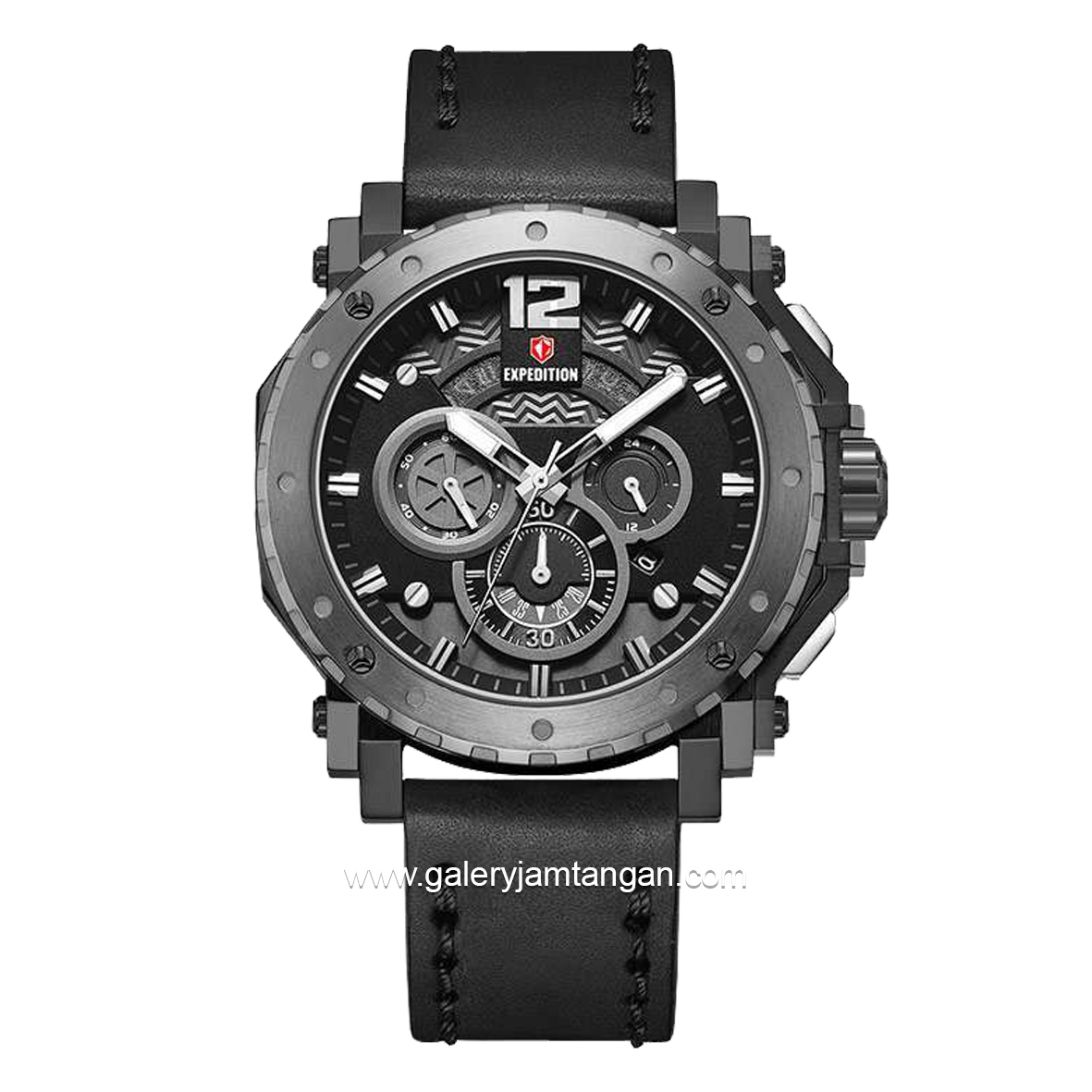 Expedition E 6402 MC Chronograph Black Silver Leather Strap