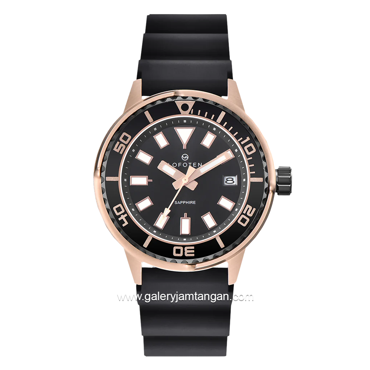 LOFOTEN F-6528MT Black Rosegold Sapphire Glass Rubber Strap