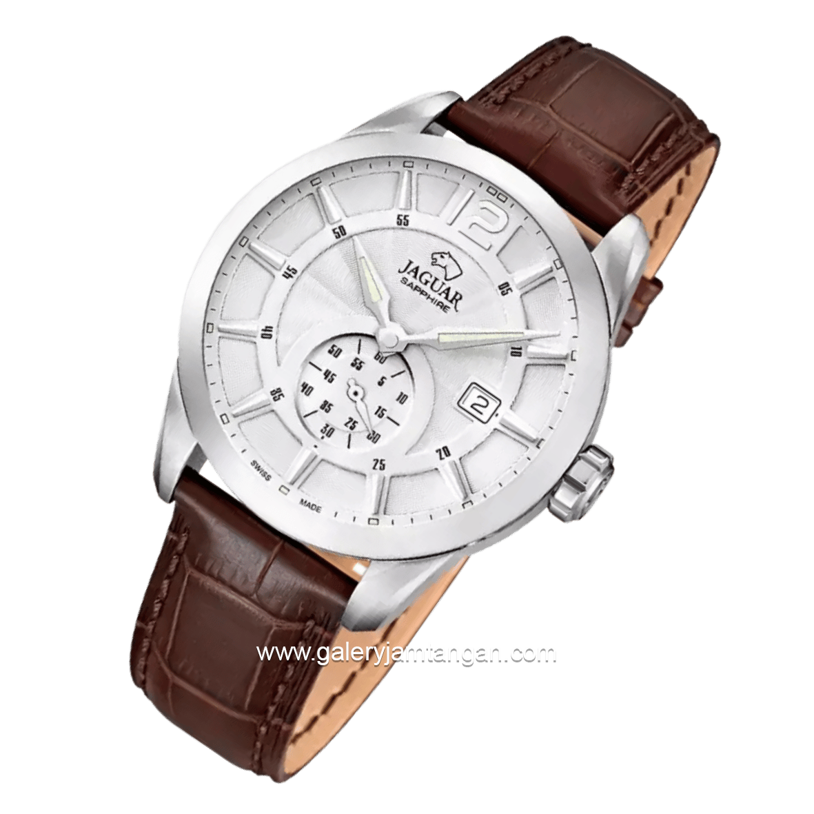 JAGUAR J663/1 Brown Silver Leather Sapphire Chrystal Swiss Made