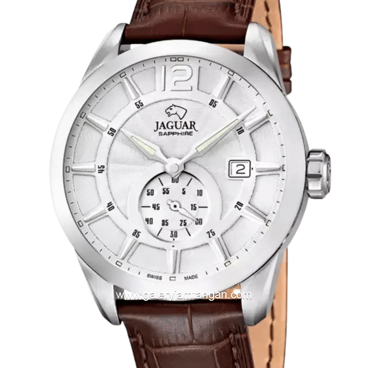 JAGUAR J663/1 Brown Silver Leather Sapphire Chrystal Swiss Made