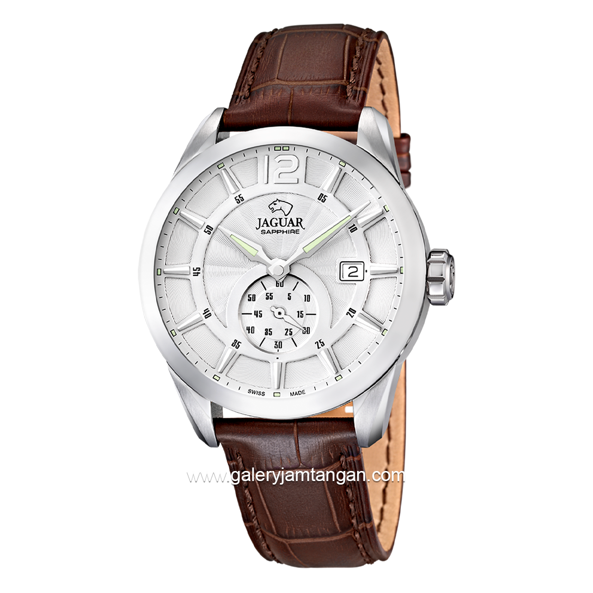 JAGUAR J663/1 Brown Silver Leather Sapphire Chrystal Swiss Made