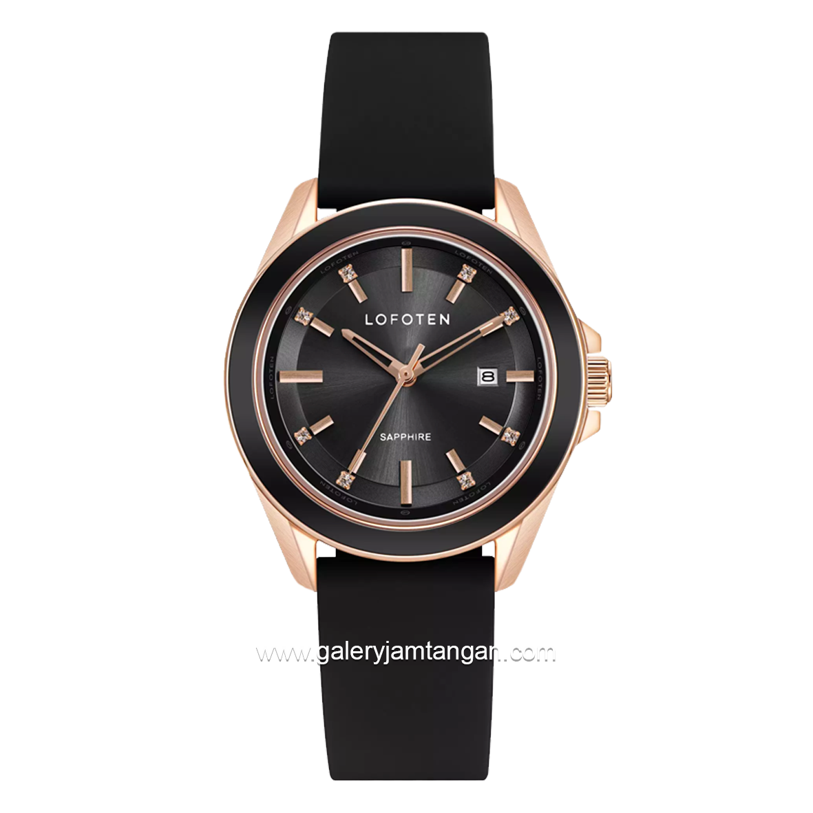 LOFOTEN F-2325L Sapphire Glass Black Rosegold Silicone Strap