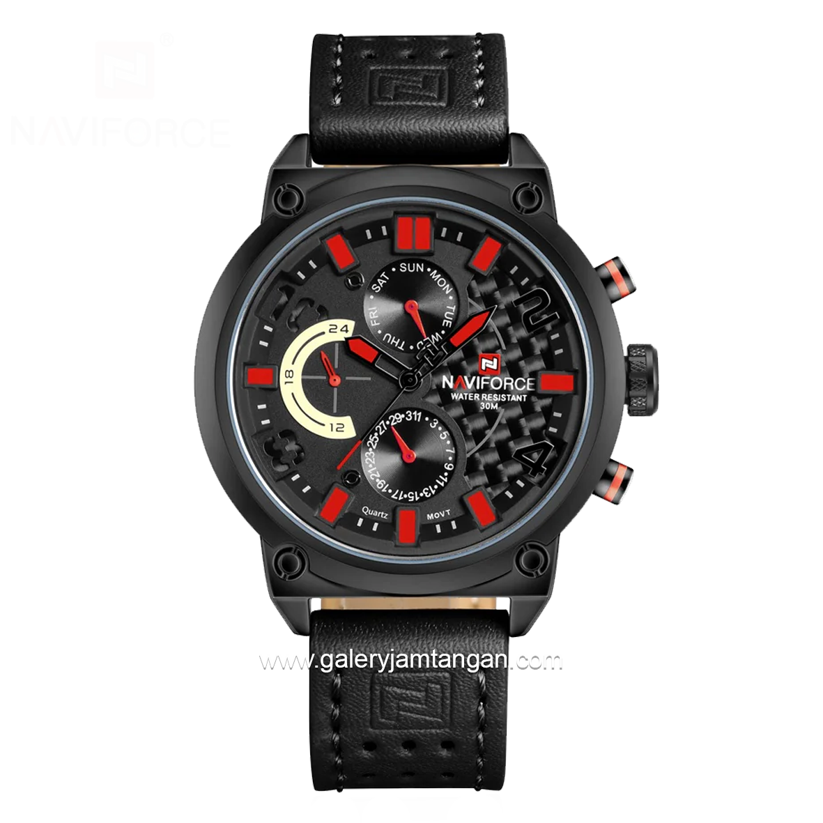 NAVIFORCE NF-9068M Black Hour Maker Red Leather Strap