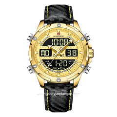 NAVIFORCE NF-9194M Black Dial Gold Dual Time Leather Strap