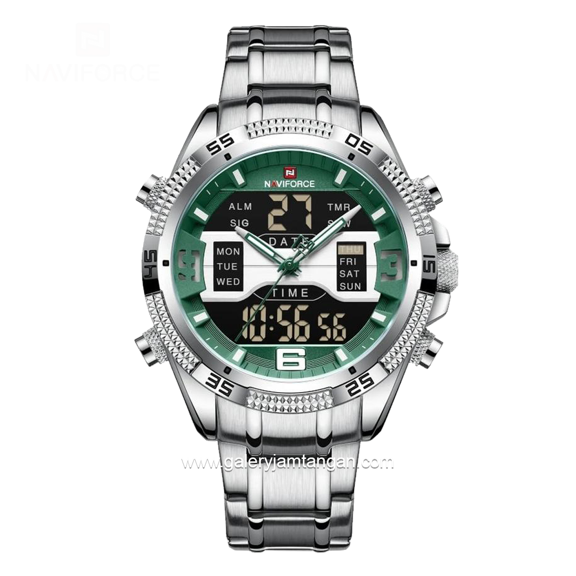 NAVIFORCE NF-9201M Silver Dial Green Analog Digital Stainless Steel