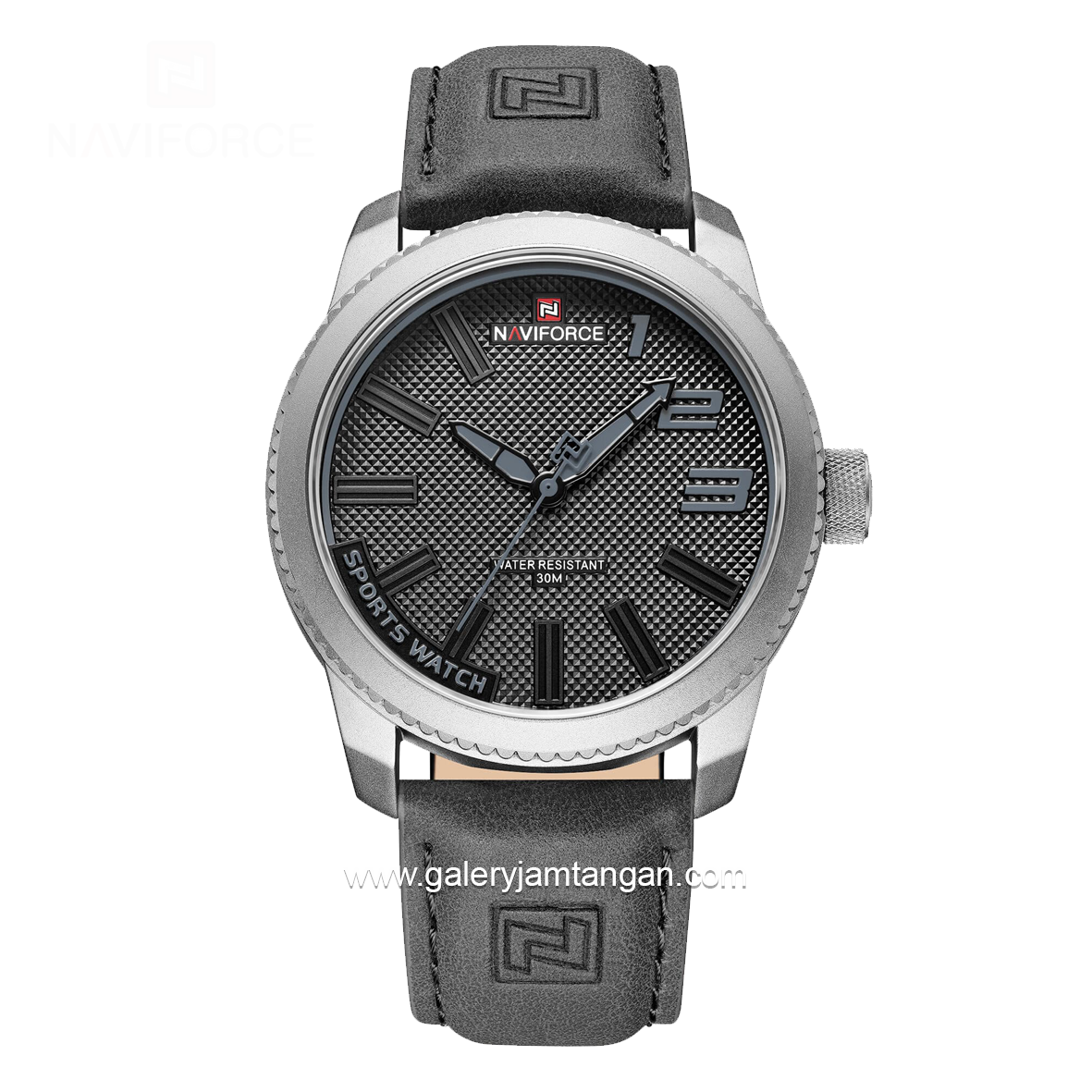 NAVIFORCE NF-9202M Black Hour Marker Grey Leather Strap