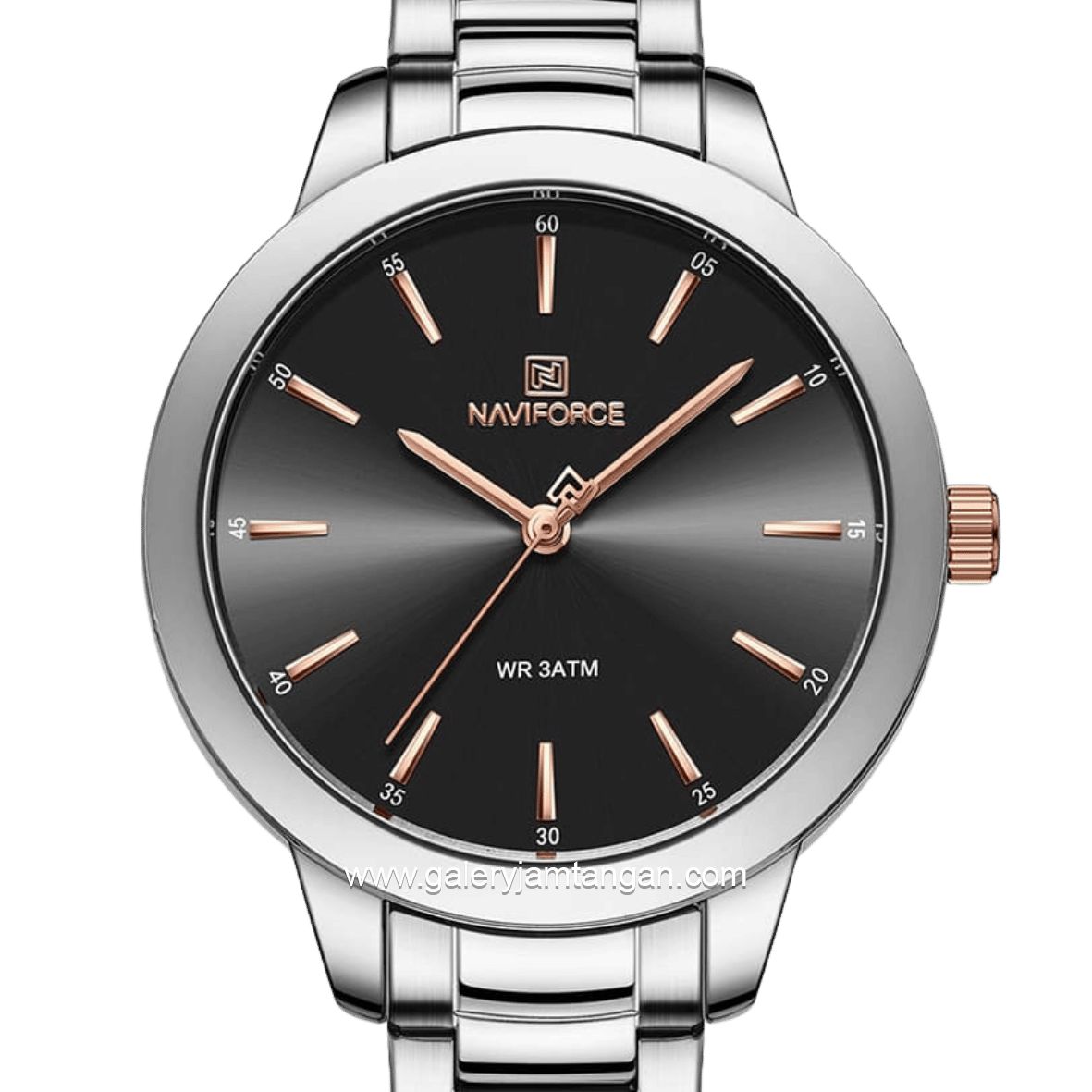 NAVIFORCE NF-5025L Rosegold Silver Dial Black Stainless Steel Strap