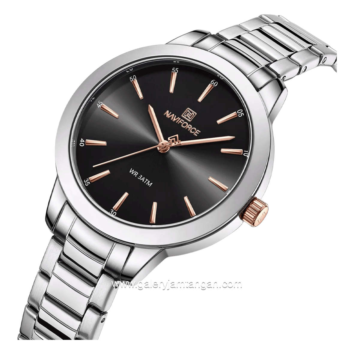 NAVIFORCE NF-5025L Rosegold Silver Dial Black Stainless Steel Strap