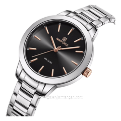 NAVIFORCE NF-5025L Rosegold Silver Dial Black Stainless Steel Strap