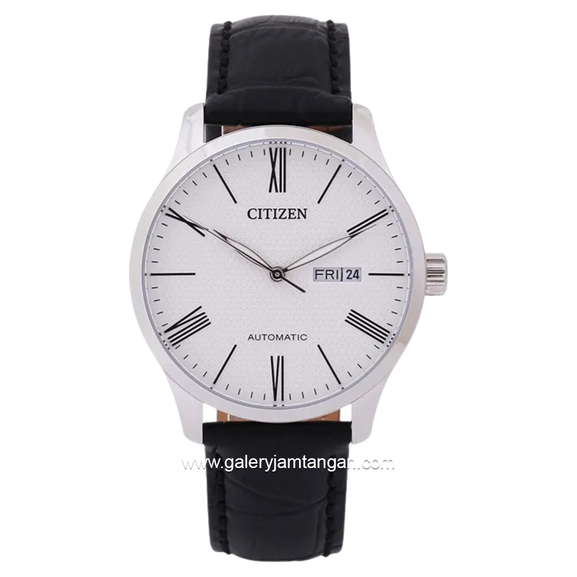 CITIZEN NH8350-08A Black Silver Dial White Automatic Leather Strap
