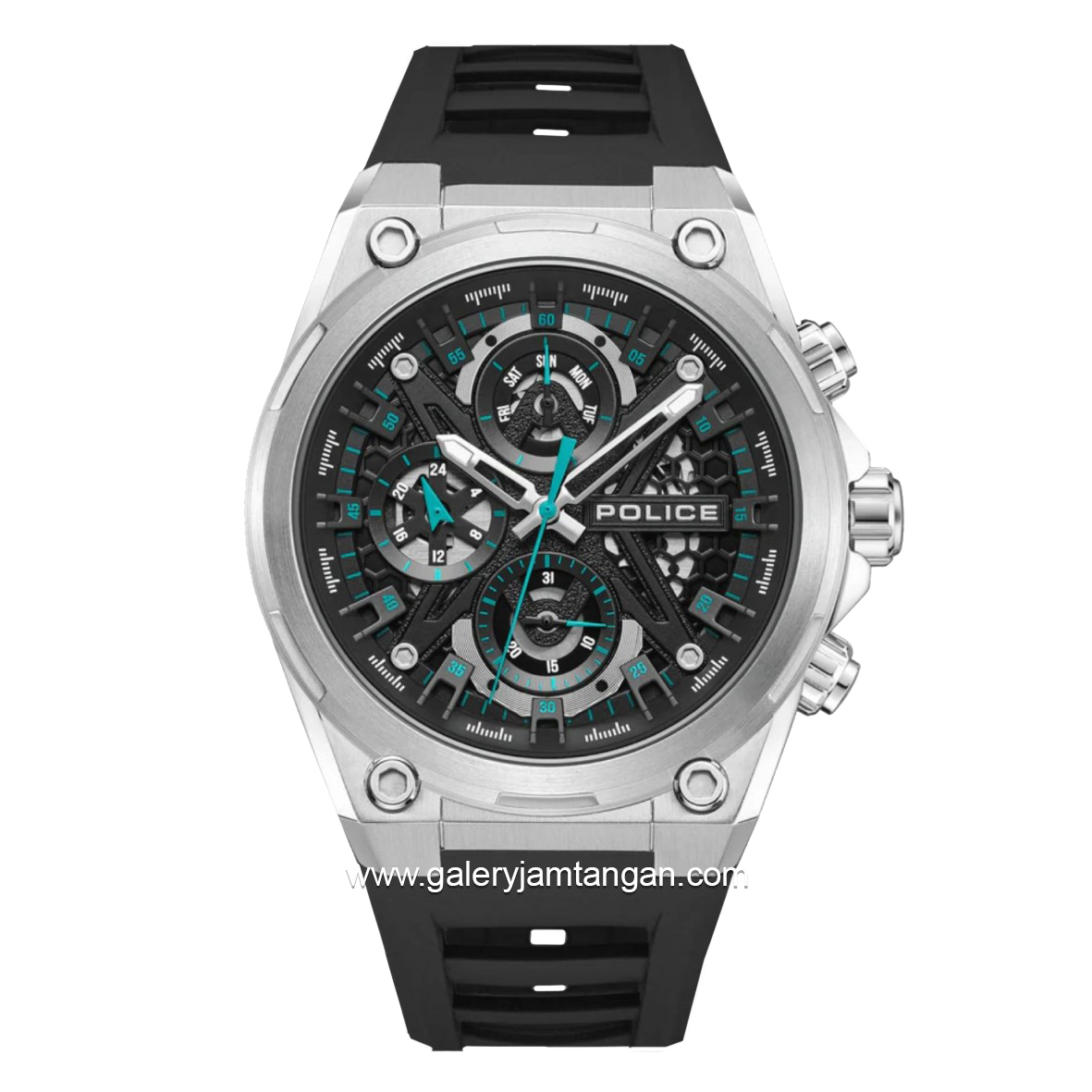 POLICE PEWGQ0054301 Multi Function Black Silver Rubber Strap