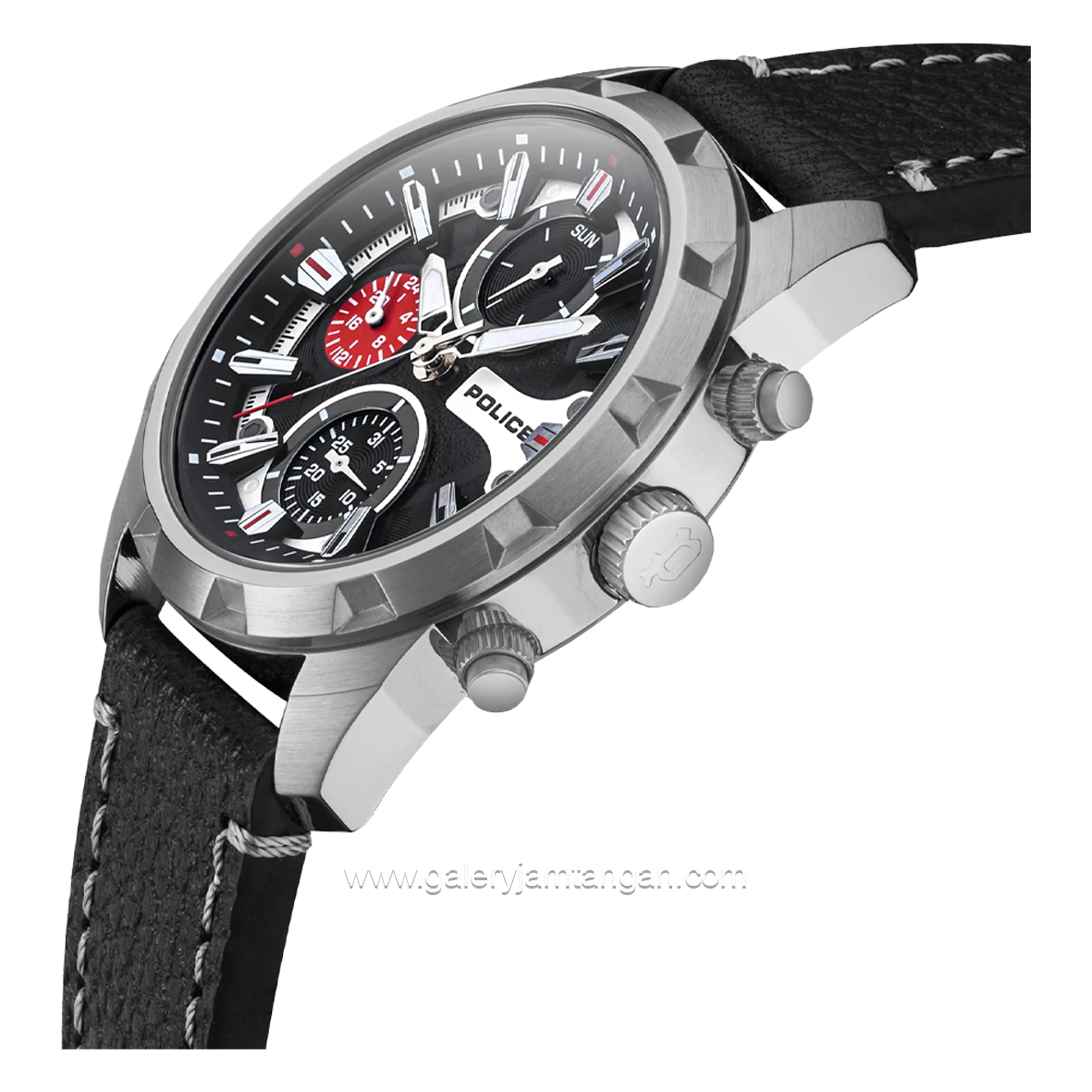 POLICE PEWJF2204701 Black Silver Leather Strap