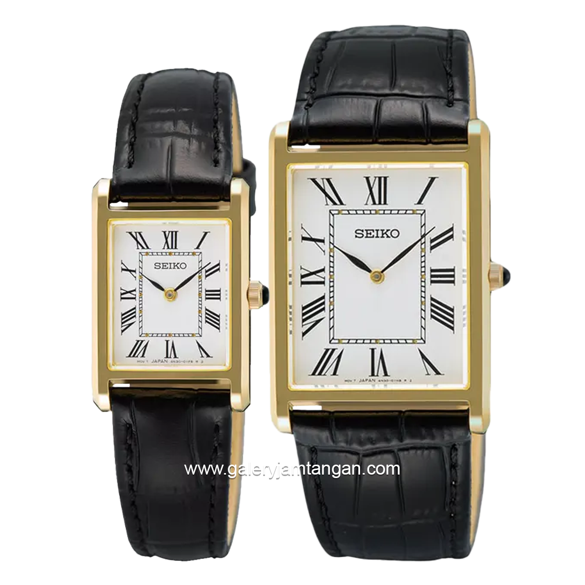 SEIKO CLASSIC SWR104P1 & SWR108P1 Tank Black Ring Gold Leather Strap