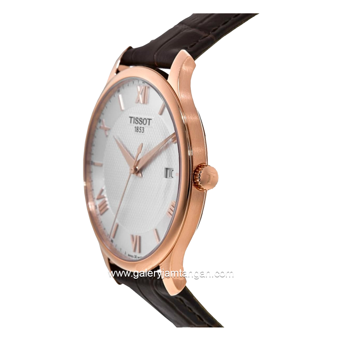 TISSOT TRADITION T063.610.36.038.00 Brown Rosegold Dial White Leather Strap