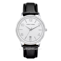 CHRIST VERRA Men's Watch CV 12071G-21 SLV Black SIlver Dial White Leather Strap
