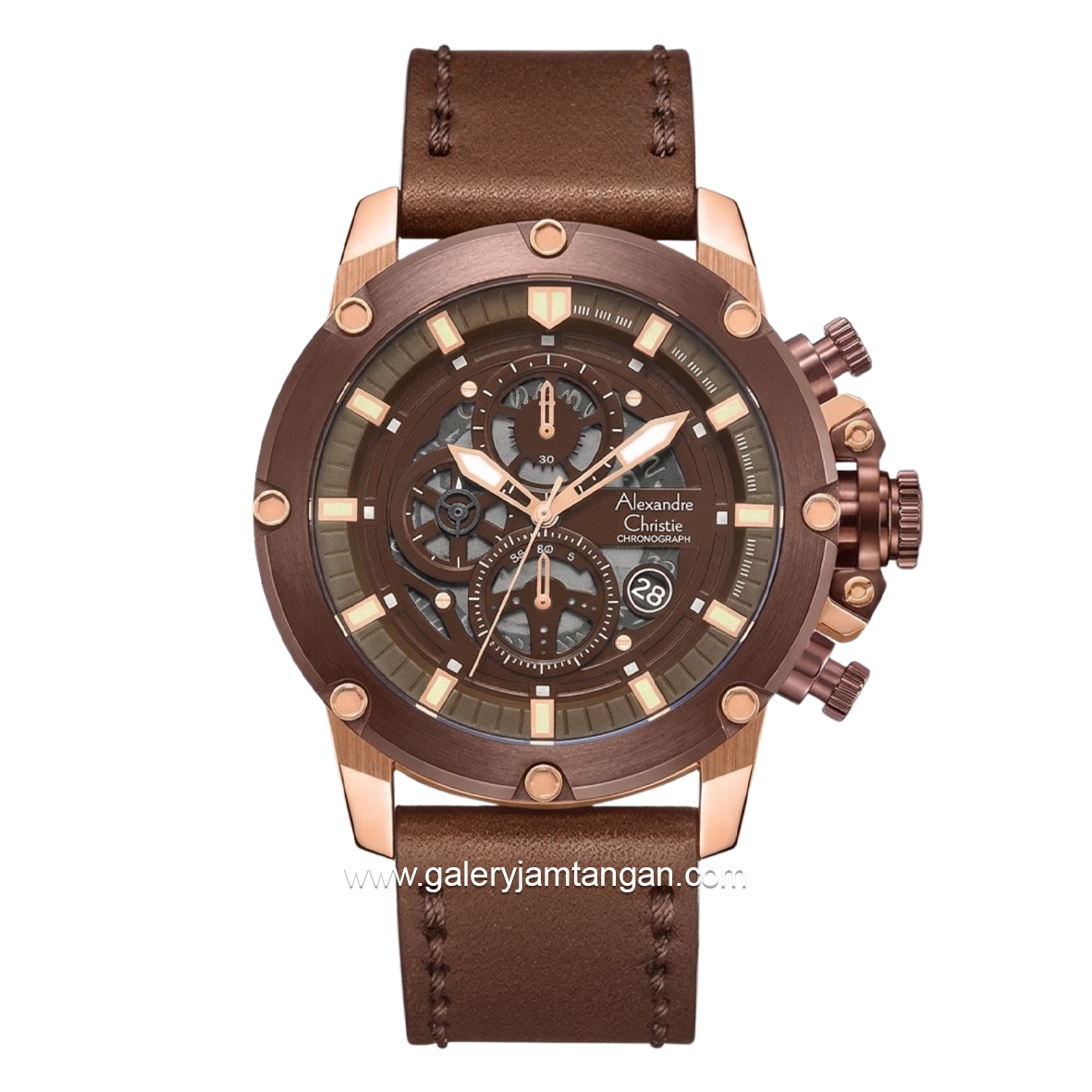 Alexandre Christie AC 6564 MCLROBO Full Brown Rosegold Chronograph Leather Strap