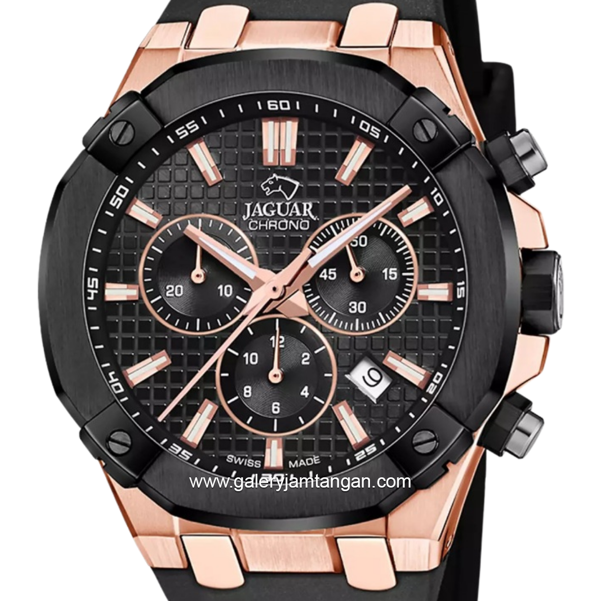 JAGUAR J1015/1 Black Rosegold Chronograph Rubber Shappire Chrystal Swiss Made