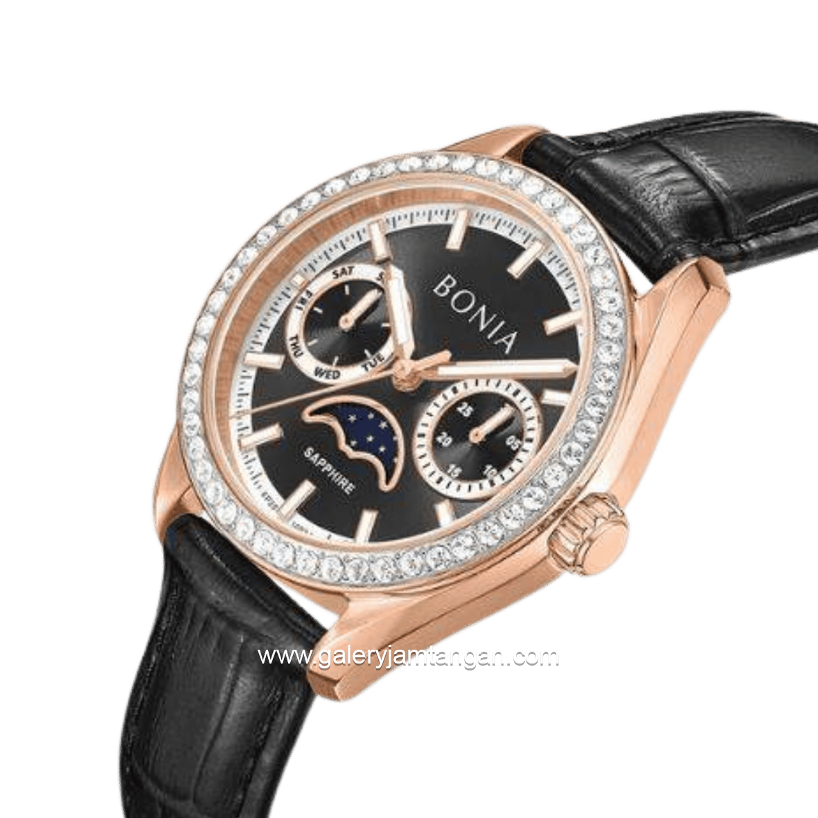 BONIA BNB10934-2532S Black Rose Gold Dial Black Leather Strap