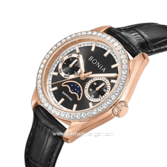 BONIA BNB10934-2532S Black Rose Gold Dial Black Leather Strap
