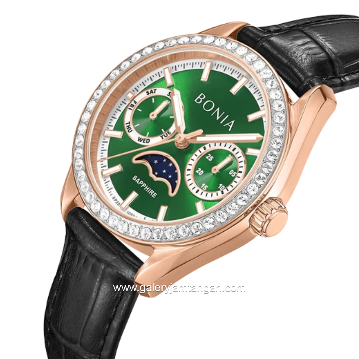 BONIA BNB10934-2592S Black Rose Gold Dial Green Leather Strap
